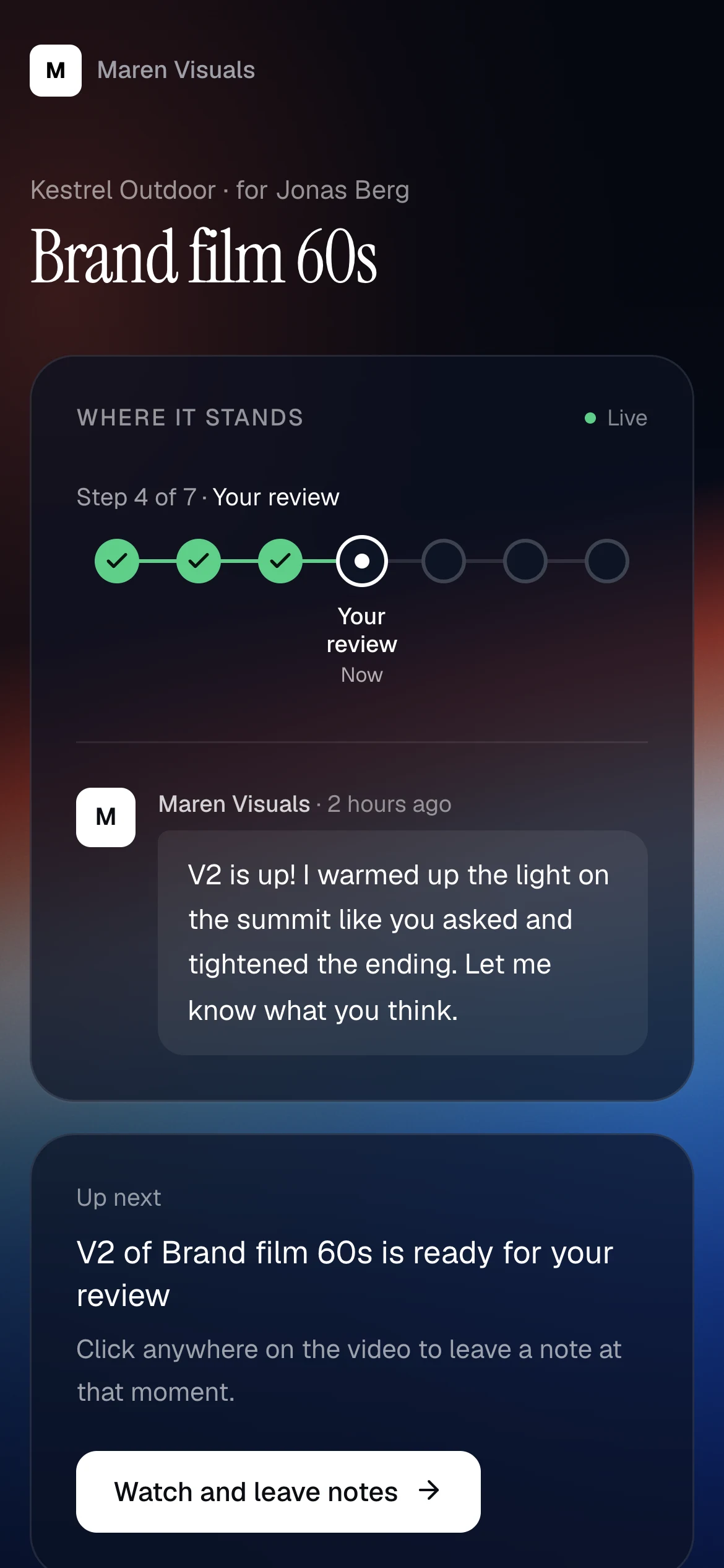 The client portal on a phone: the project's live status with a note from the editor, and the next step — a new cut ready to review